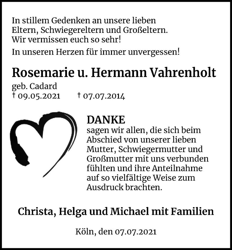  Traueranzeige für Rosemarie Vahrenholt vom 07.07.2021 aus Kölner Stadt-Anzeiger / Kölnische Rundschau / Express