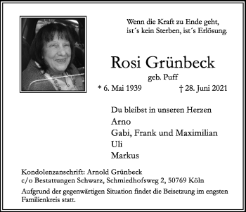 Anzeige von Rosi Grünbeck von Kölner Stadt-Anzeiger / Kölnische Rundschau / Express
