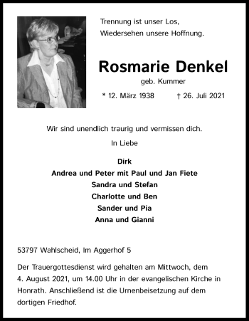 Anzeige von Rosmarie Denkel von Kölner Stadt-Anzeiger / Kölnische Rundschau / Express