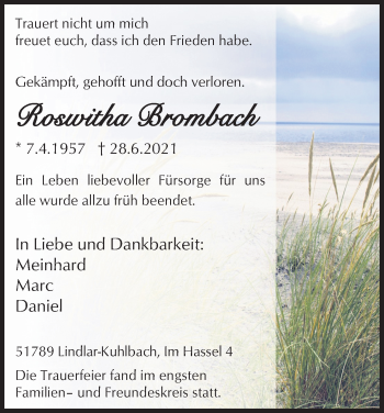 Anzeige von Roswitha Brombach von Kölner Stadt-Anzeiger / Kölnische Rundschau / Express