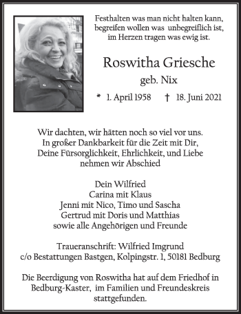 Anzeige von Roswitha Griesche von  Werbepost 