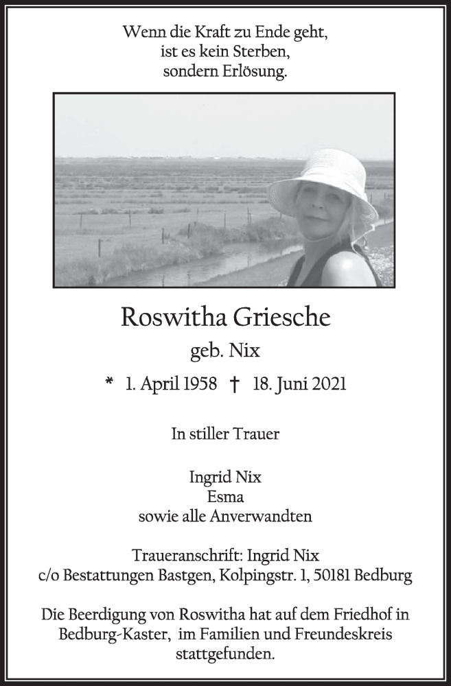  Traueranzeige für Roswitha Griesche vom 02.07.2021 aus  Werbepost 