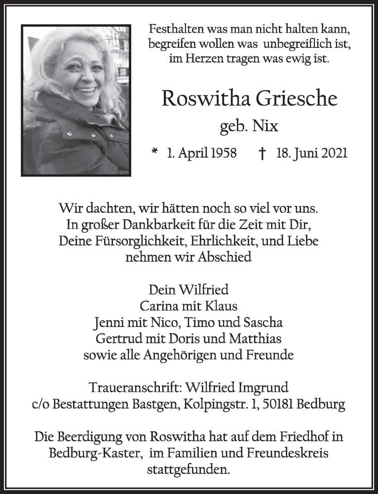  Traueranzeige für Roswitha Griesche vom 02.07.2021 aus  Werbepost 