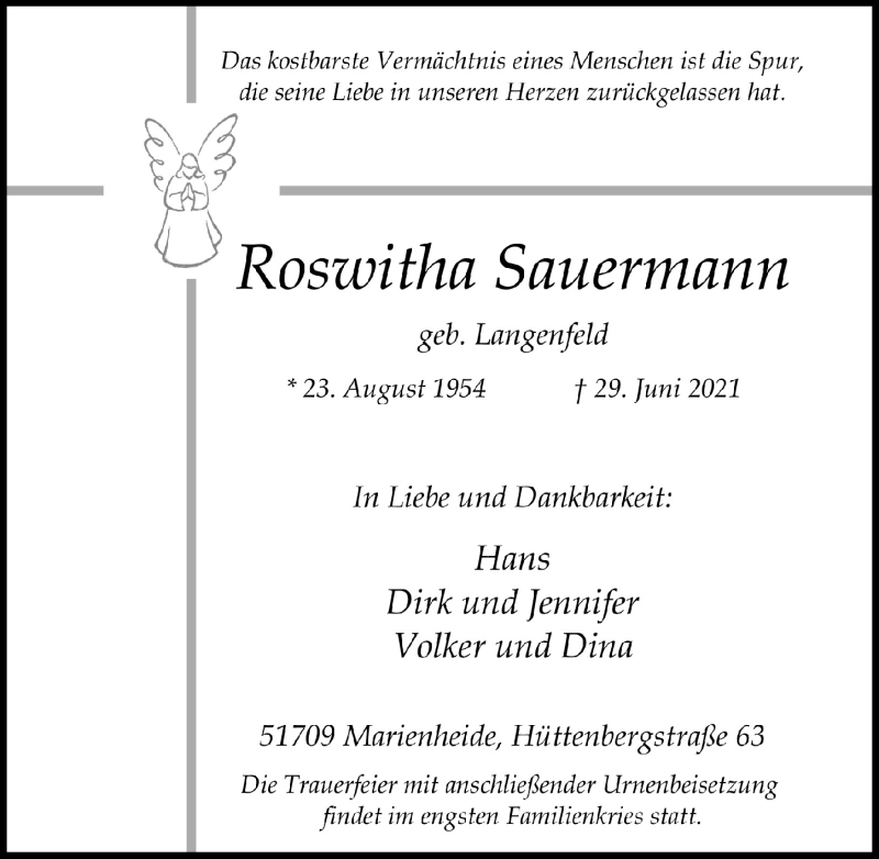  Traueranzeige für Roswitha Sauermann vom 09.07.2021 aus  Anzeigen Echo 