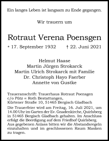 Anzeige von Rotraut Verena Poensgen von Kölner Stadt-Anzeiger / Kölnische Rundschau / Express