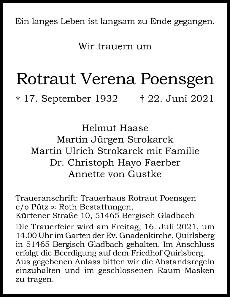  Traueranzeige für Rotraut Verena Poensgen vom 03.07.2021 aus Kölner Stadt-Anzeiger / Kölnische Rundschau / Express