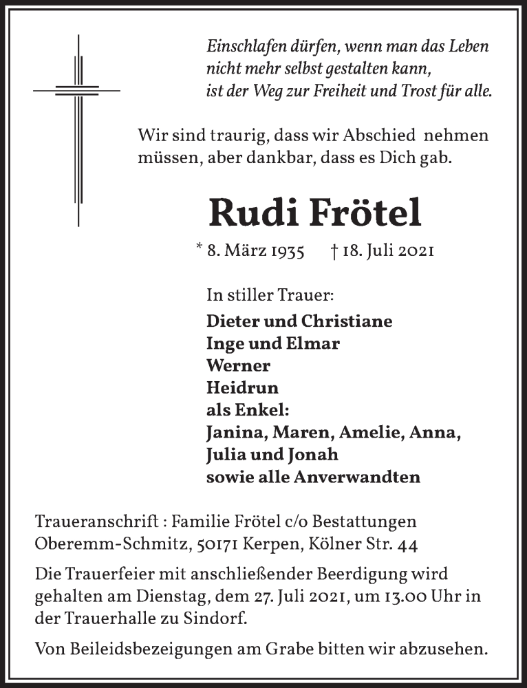  Traueranzeige für Rudi Frötel vom 23.07.2021 aus  Werbepost 
