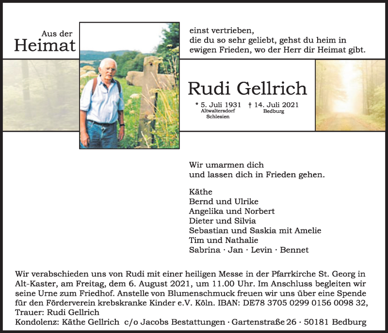  Traueranzeige für Rudi Gellrich vom 30.07.2021 aus  Werbepost 