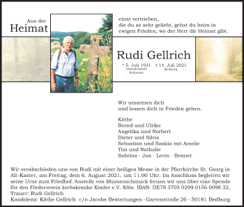 Anzeige von Rudi Gellrich von Kölner Stadt-Anzeiger / Kölnische Rundschau / Express