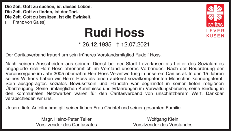  Traueranzeige für Rudi Hoss vom 24.07.2021 aus Kölner Stadt-Anzeiger / Kölnische Rundschau / Express