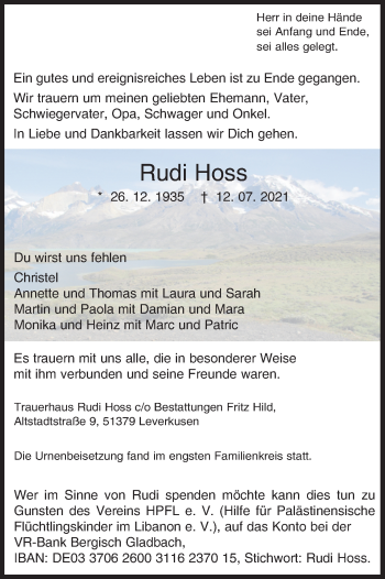 Anzeige von Rudi Hoss von Kölner Stadt-Anzeiger / Kölnische Rundschau / Express