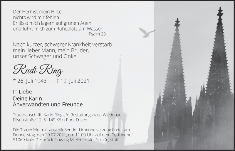  Traueranzeige für Rudi Ring vom 23.07.2021 aus  Kölner Wochenspiegel 