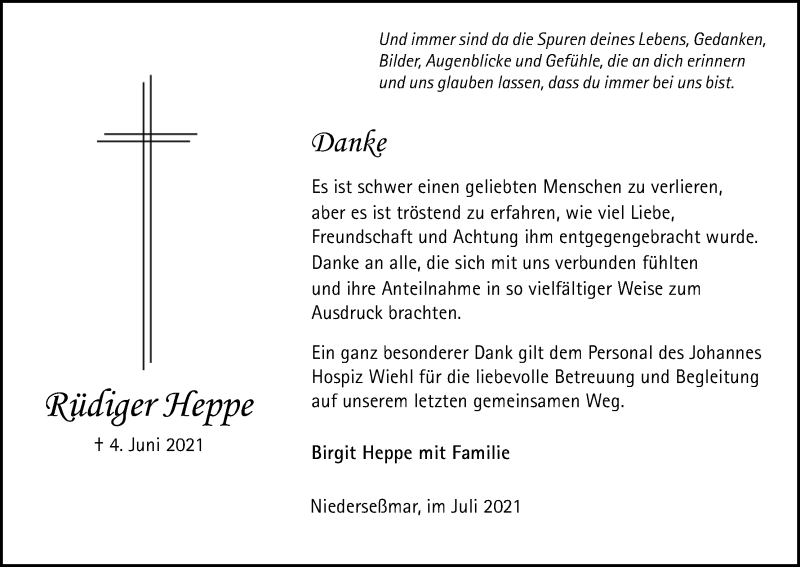  Traueranzeige für Rüdiger Heppe vom 31.07.2021 aus Kölner Stadt-Anzeiger / Kölnische Rundschau / Express