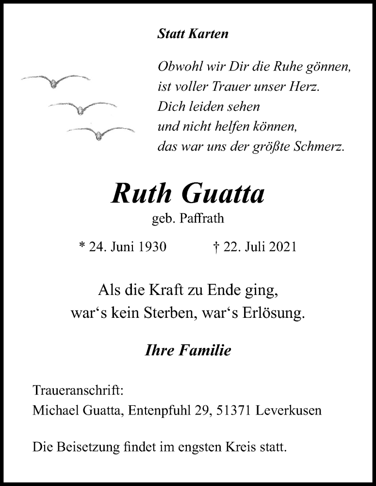  Traueranzeige für Ruth Guatta vom 24.07.2021 aus Kölner Stadt-Anzeiger / Kölnische Rundschau / Express