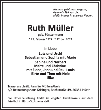 Anzeige von Ruth Müller von  Wochenende 