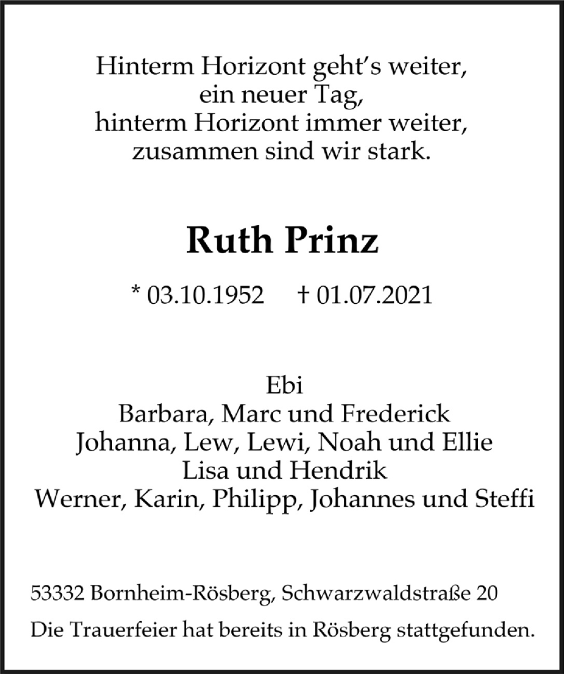  Traueranzeige für Ruth Prinz vom 09.07.2021 aus  Schlossbote/Werbekurier 