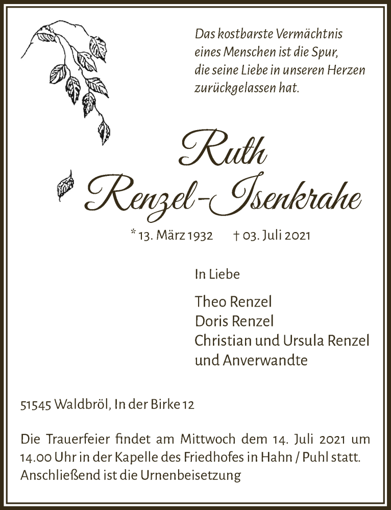  Traueranzeige für Ruth Renzel-Isenkrahe vom 09.07.2021 aus  Lokalanzeiger 