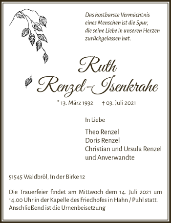 Anzeige von Ruth Renzel-Isenkrahe von  Lokalanzeiger 