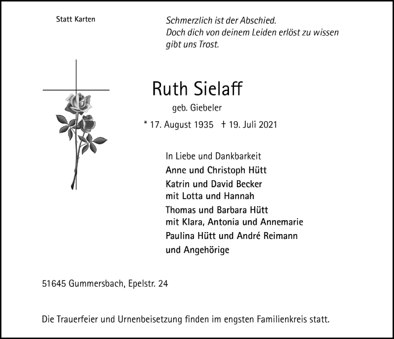  Traueranzeige für Ruth Sielaff vom 23.07.2021 aus  Anzeigen Echo 