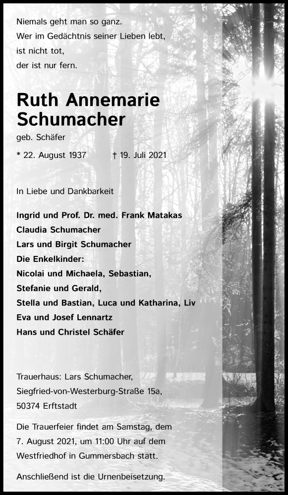  Traueranzeige für Ruth Annemarie Schumacher vom 31.07.2021 aus Kölner Stadt-Anzeiger / Kölnische Rundschau / Express