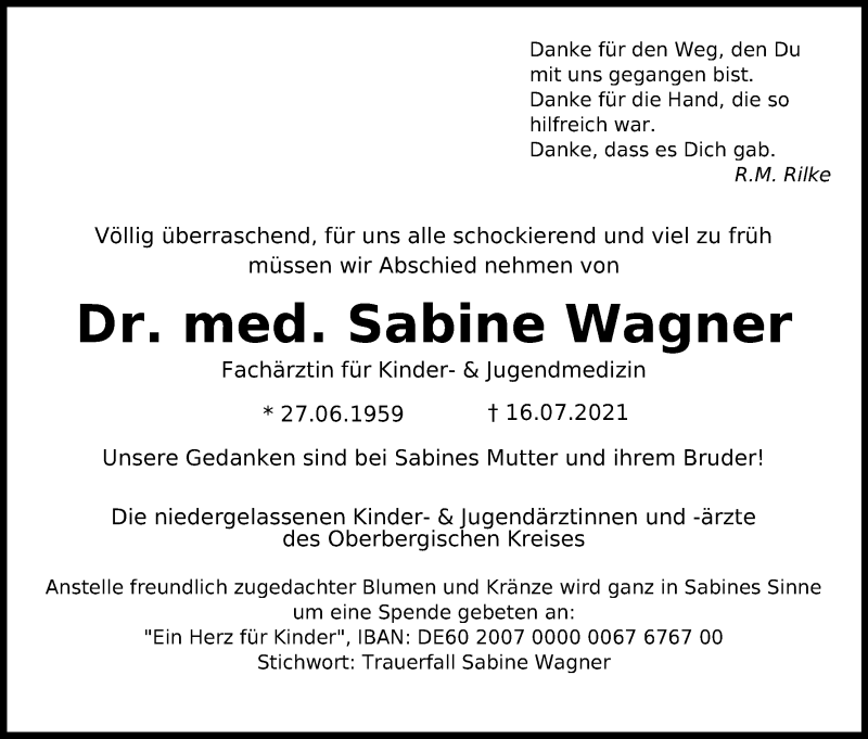  Traueranzeige für Sabine Wagner vom 24.07.2021 aus Kölner Stadt-Anzeiger / Kölnische Rundschau / Express