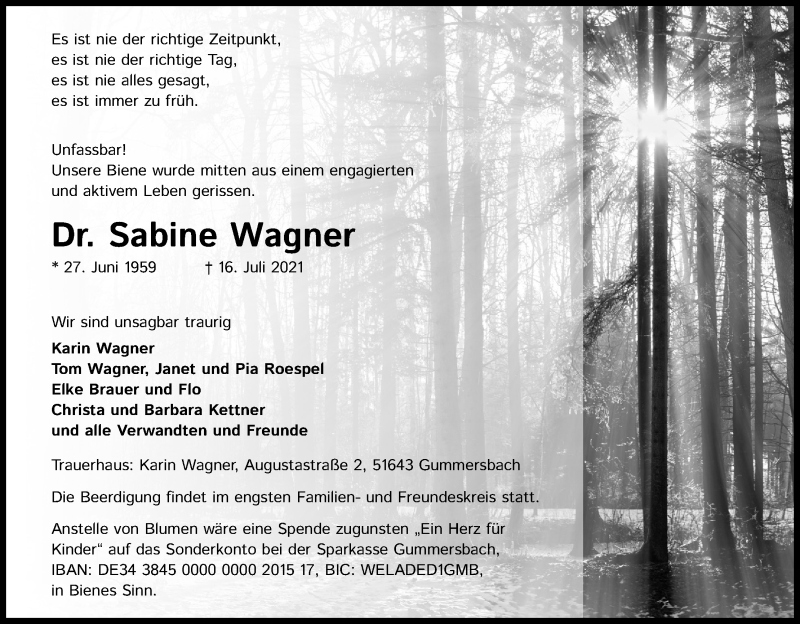  Traueranzeige für Sabine Wagner vom 24.07.2021 aus Kölner Stadt-Anzeiger / Kölnische Rundschau / Express