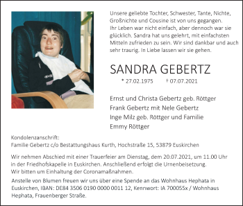 Anzeige von Sandra Gebertz von Kölner Stadt-Anzeiger / Kölnische Rundschau / Express