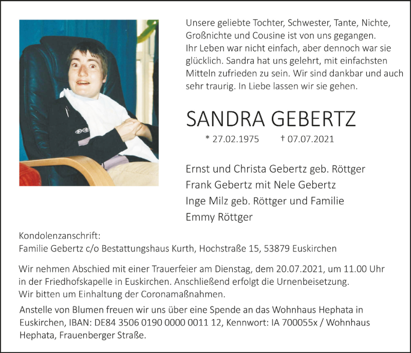  Traueranzeige für Sandra Gebertz vom 17.07.2021 aus  Blickpunkt Euskirchen 