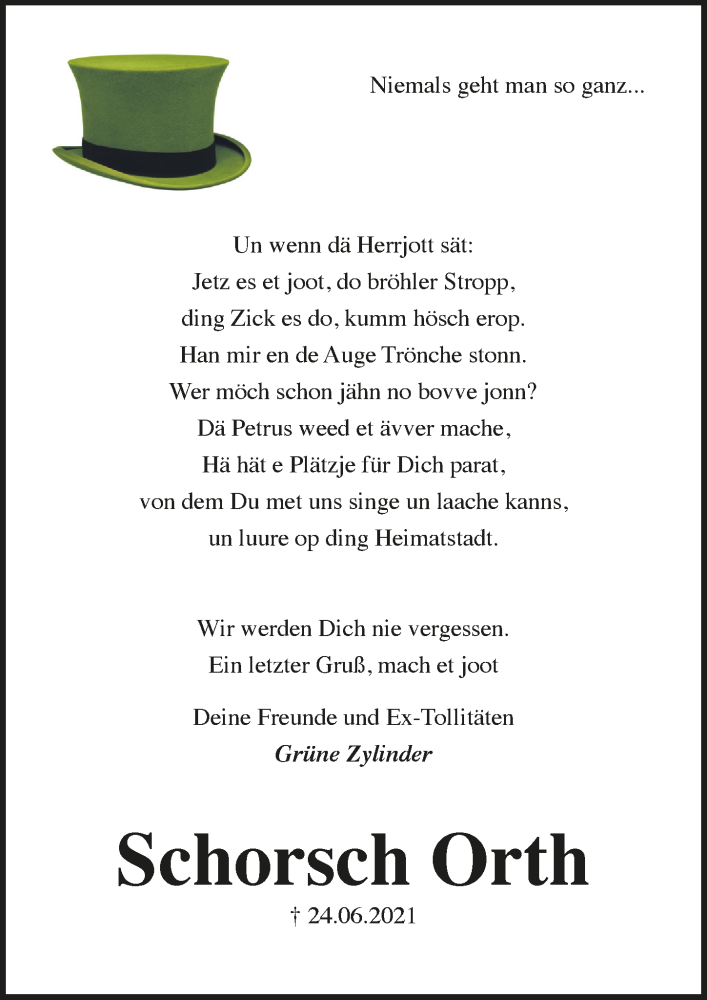  Traueranzeige für Schorsch Orth vom 02.07.2021 aus  Schlossbote/Werbekurier 