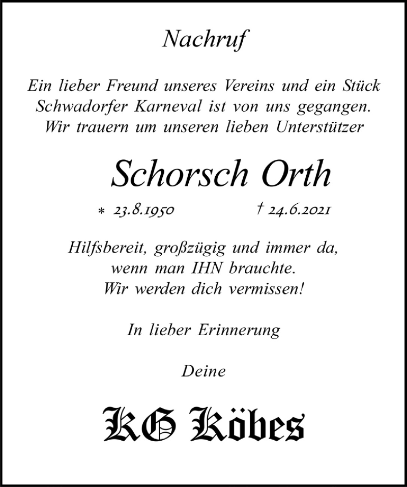  Traueranzeige für Schorsch Orth vom 02.07.2021 aus  Schlossbote/Werbekurier 