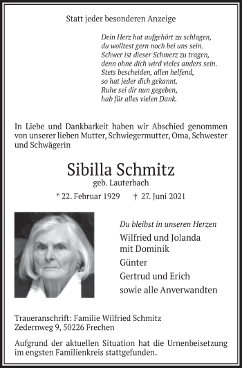 Anzeige von Sibilla Schmitz von  Wochenende 
