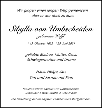 Anzeige von Sibylla von Umbscheiden von Kölner Stadt-Anzeiger / Kölnische Rundschau / Express