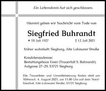 Anzeige von Siegfried Buhrandt von Kölner Stadt-Anzeiger / Kölnische Rundschau / Express