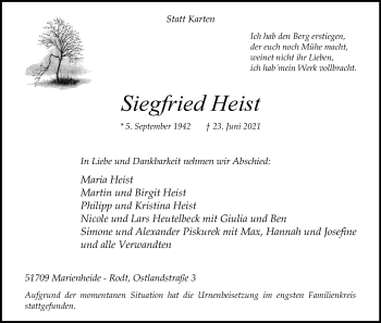 Anzeige von Siegfried Heist von Kölner Stadt-Anzeiger / Kölnische Rundschau / Express