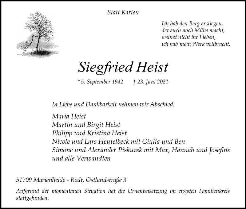  Traueranzeige für Siegfried Heist vom 10.07.2021 aus Kölner Stadt-Anzeiger / Kölnische Rundschau / Express