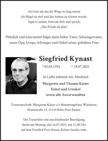 Anzeige von Siegfried Kynast von  Kölner Wochenspiegel 