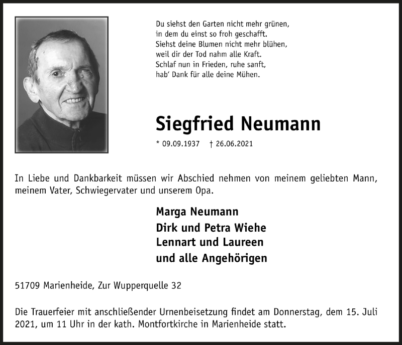  Traueranzeige für Siegfried Neumann vom 09.07.2021 aus  Anzeigen Echo 