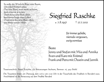 Anzeige von Siegfried Raschke von  Schlossbote/Werbekurier 