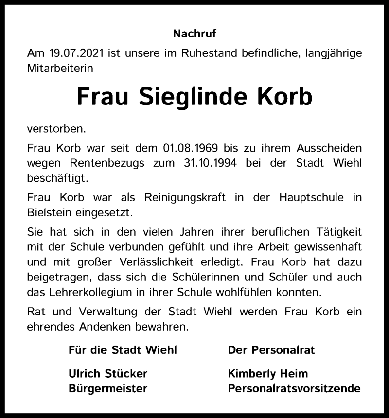  Traueranzeige für Sieglinde Korb vom 28.07.2021 aus Kölner Stadt-Anzeiger / Kölnische Rundschau / Express