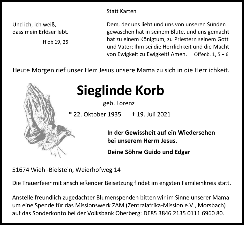  Traueranzeige für Sieglinde Korb vom 23.07.2021 aus Kölner Stadt-Anzeiger / Kölnische Rundschau / Express