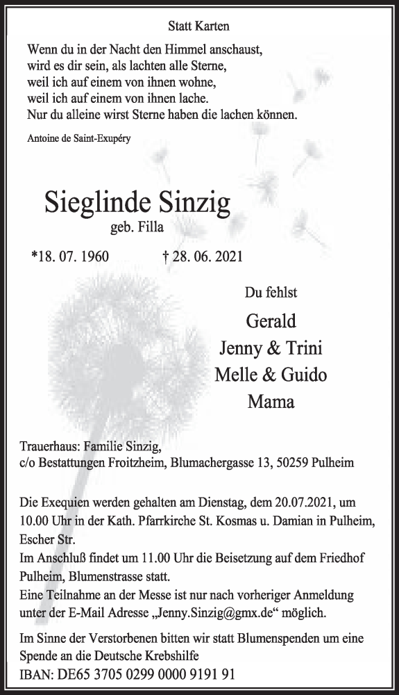  Traueranzeige für Sieglinde Sinzig vom 09.07.2021 aus  Wochenende 