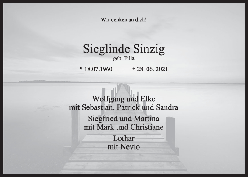  Traueranzeige für Sieglinde Sinzig vom 09.07.2021 aus  Wochenende 