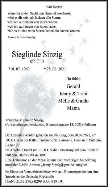 Anzeige von Sieglinde Sinzig von  Wochenende 