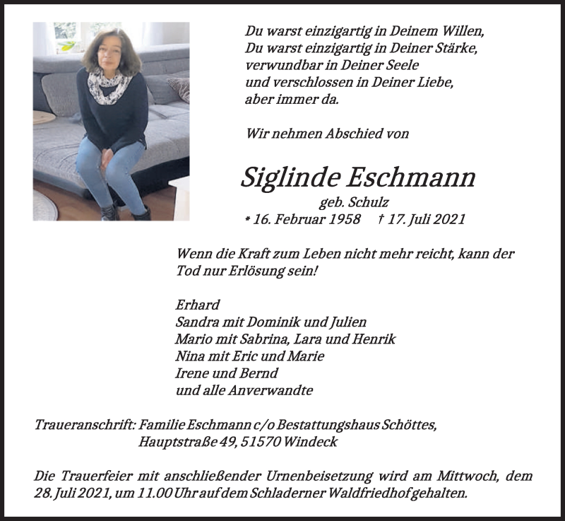  Traueranzeige für Siglinde Eschmann vom 23.07.2021 aus Kölner Stadt-Anzeiger / Kölnische Rundschau / Express