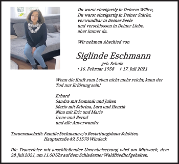 Anzeige von Siglinde Eschmann von Kölner Stadt-Anzeiger / Kölnische Rundschau / Express
