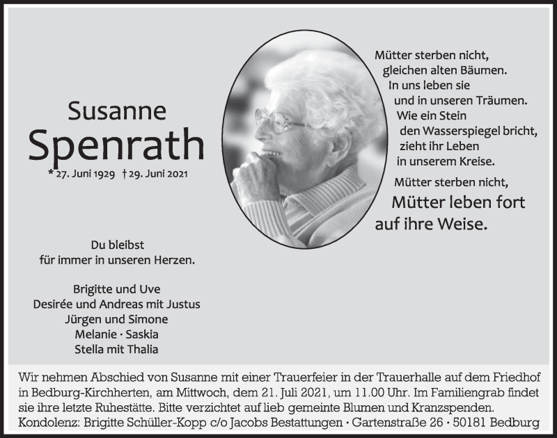  Traueranzeige für Susanne Spenrath vom 16.07.2021 aus  Werbepost 