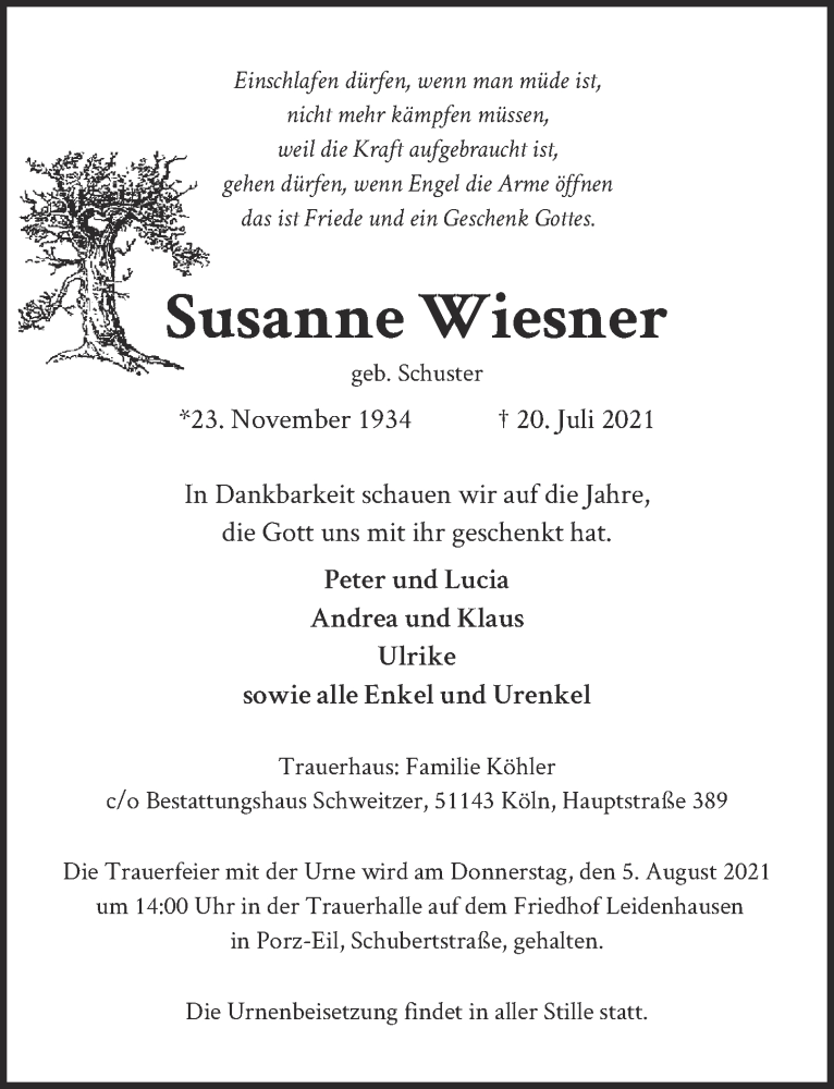  Traueranzeige für Susanne Wiesner vom 30.07.2021 aus  Kölner Wochenspiegel 