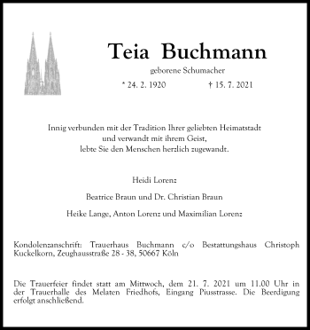 Anzeige von Teia Buchmann von Kölner Stadt-Anzeiger / Kölnische Rundschau / Express