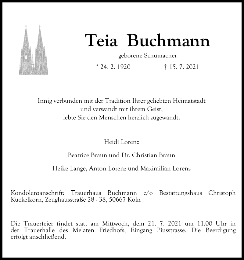  Traueranzeige für Teia Buchmann vom 17.07.2021 aus Kölner Stadt-Anzeiger / Kölnische Rundschau / Express