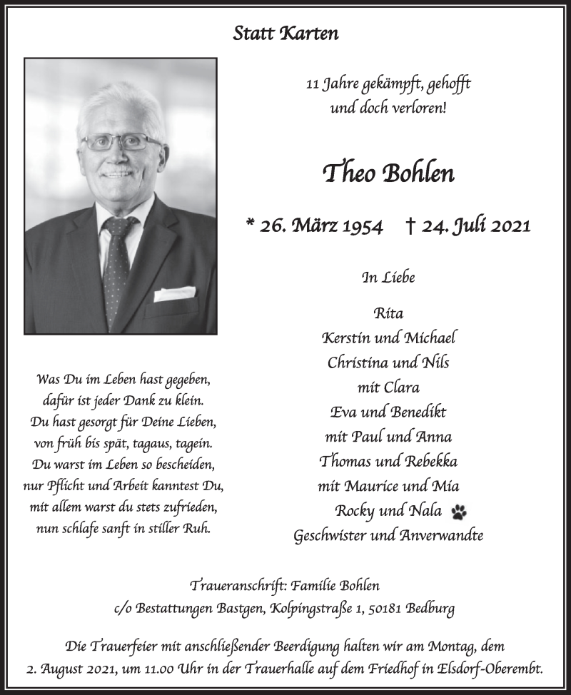  Traueranzeige für Theo Bohlen vom 30.07.2021 aus  Werbepost 